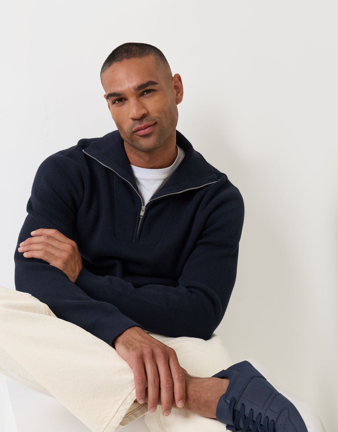 Threadbare Rib Panel Quarter Zip Jumper in Navy - sat down