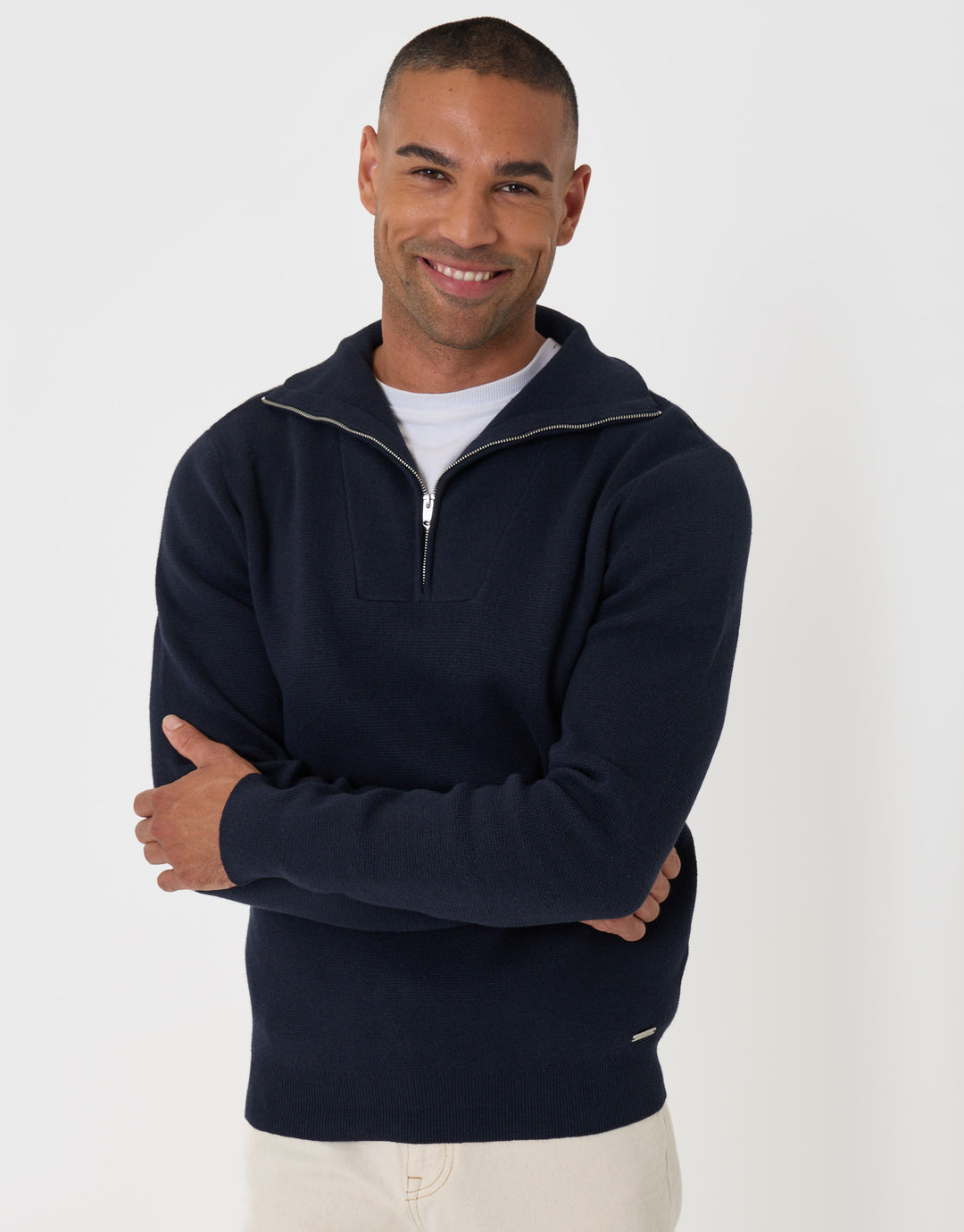 Threadbare Rib Panel Quarter Zip Jumper in Navy - front view