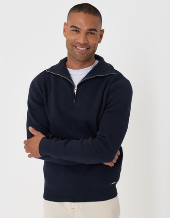 Threadbare Rib Panel Quarter Zip Jumper in Navy - front view