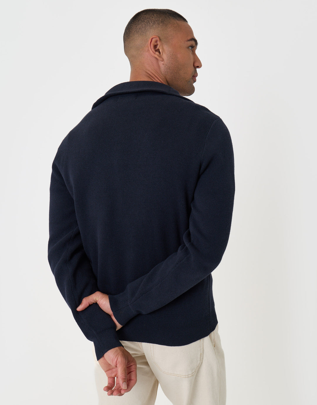 Threadbare Rib Panel Quarter Zip Jumper in Navy - back view
