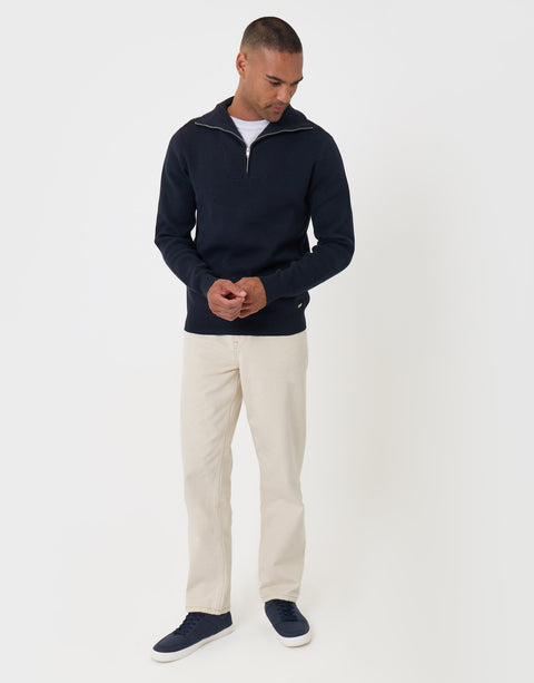 Threadbare Rib Panel Quarter Zip Jumper in Navy - full body