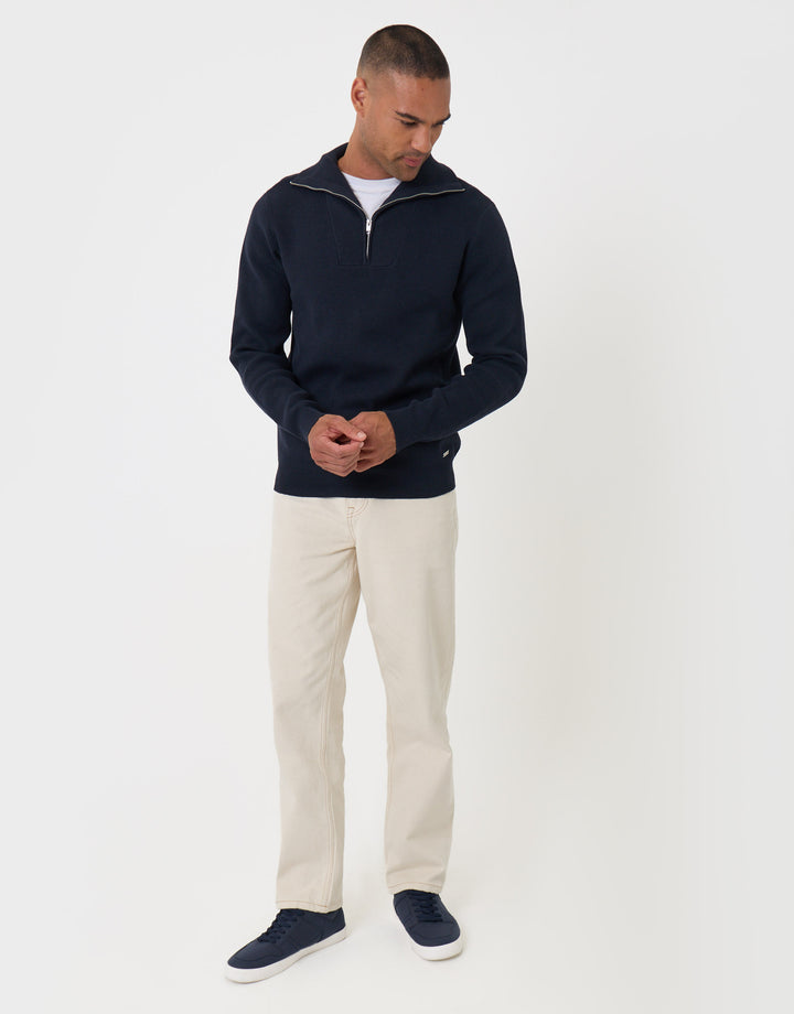 Threadbare Rib Panel Quarter Zip Jumper in Navy - full body