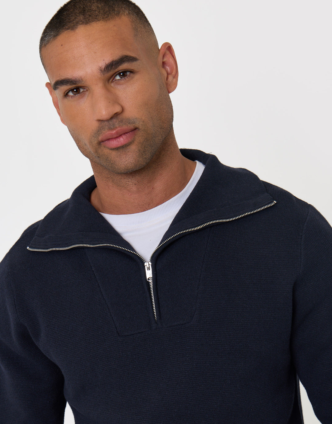 Threadbare Rib Panel Quarter Zip Jumper in Navy - close up