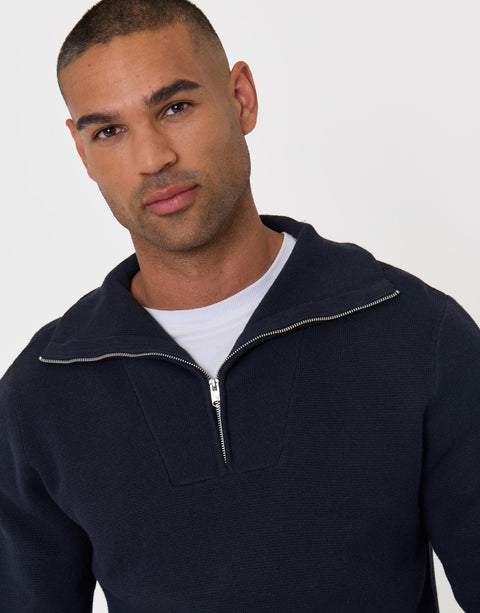 Threadbare Rib Panel Quarter Zip Jumper in Navy - close up