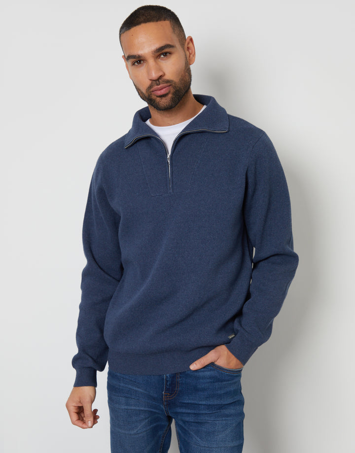 Denim Blue Rib Panel Quarter Zip Jumper