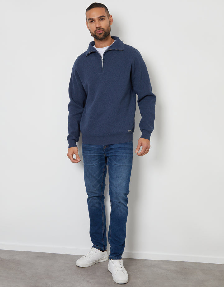 Denim Blue Rib Panel Quarter Zip Jumper