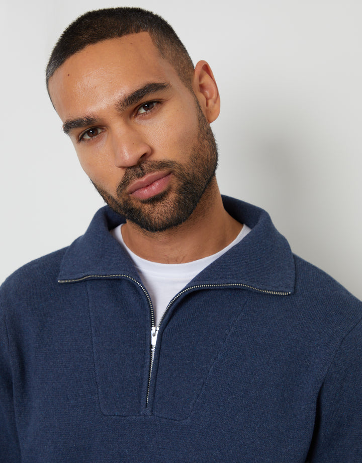 Denim Blue Rib Panel Quarter Zip Jumper
