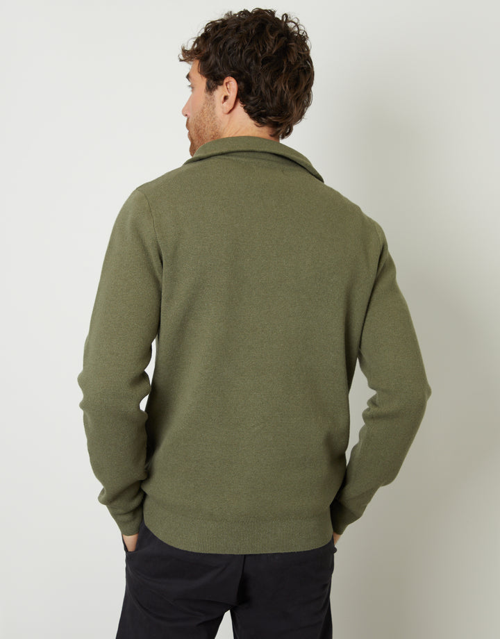 Olive Green Rib Panel Quarter Zip Jumper