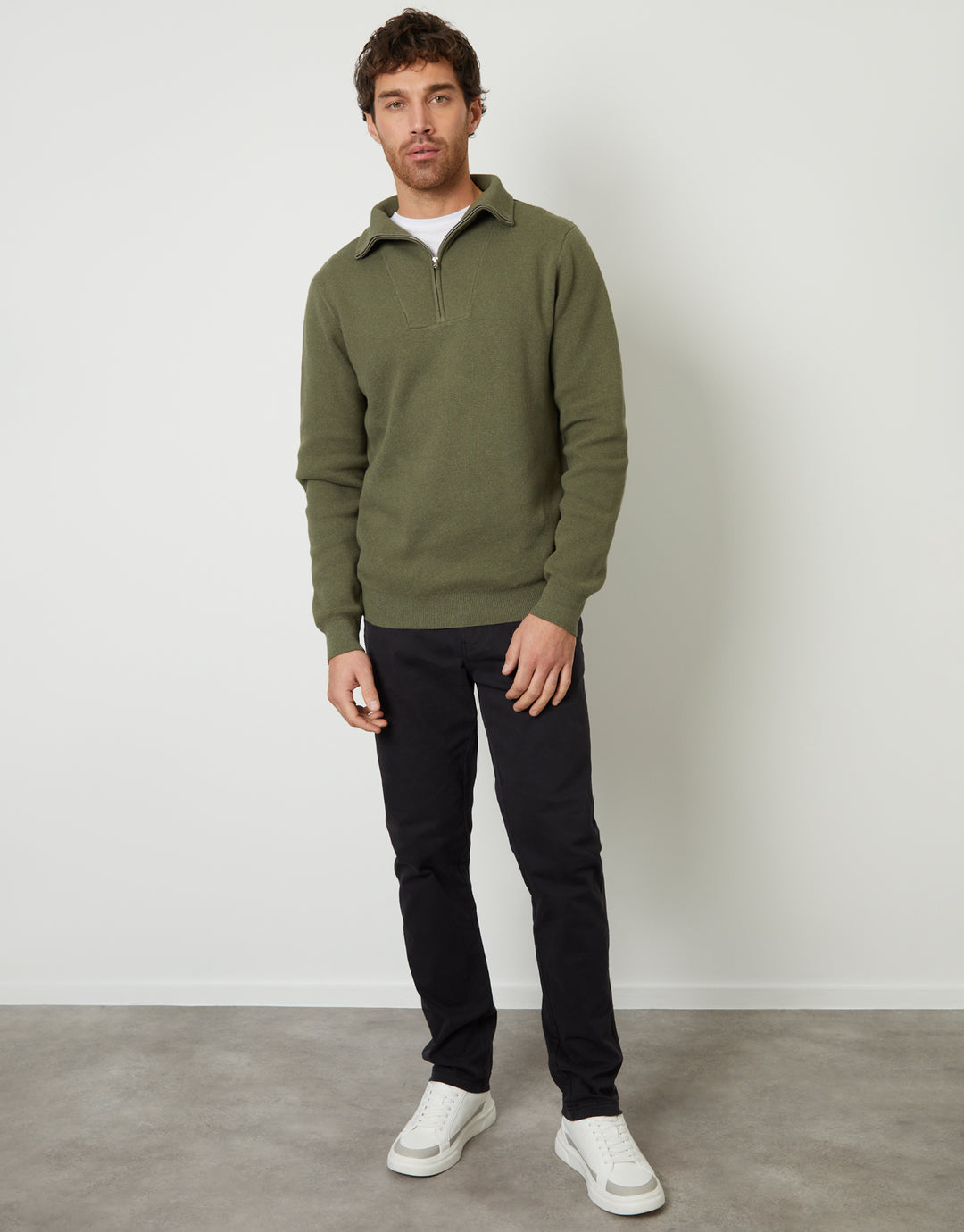 Olive Green Rib Panel Quarter Zip Jumper