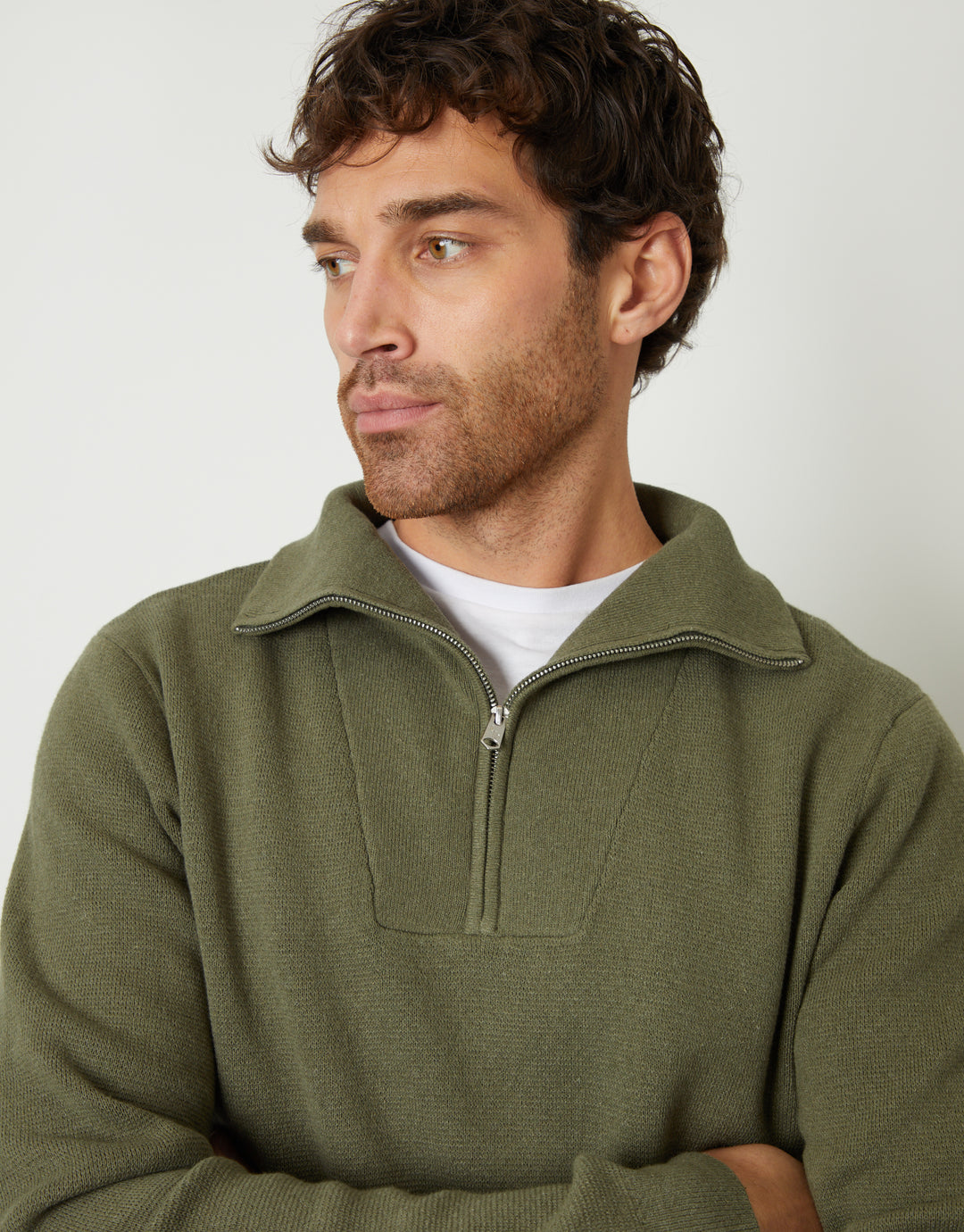 Olive Green Rib Panel Quarter Zip Jumper