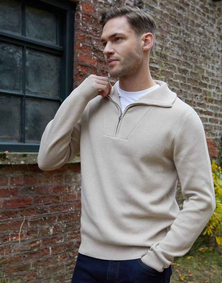 Ecru Rib Panel Quarter Zip Jumper