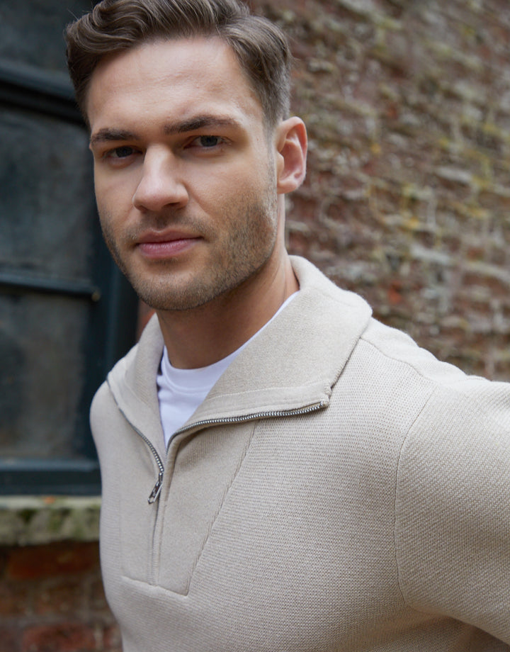Ecru Rib Panel Quarter Zip Jumper
