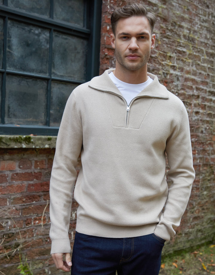 Ecru Rib Panel Quarter Zip Jumper