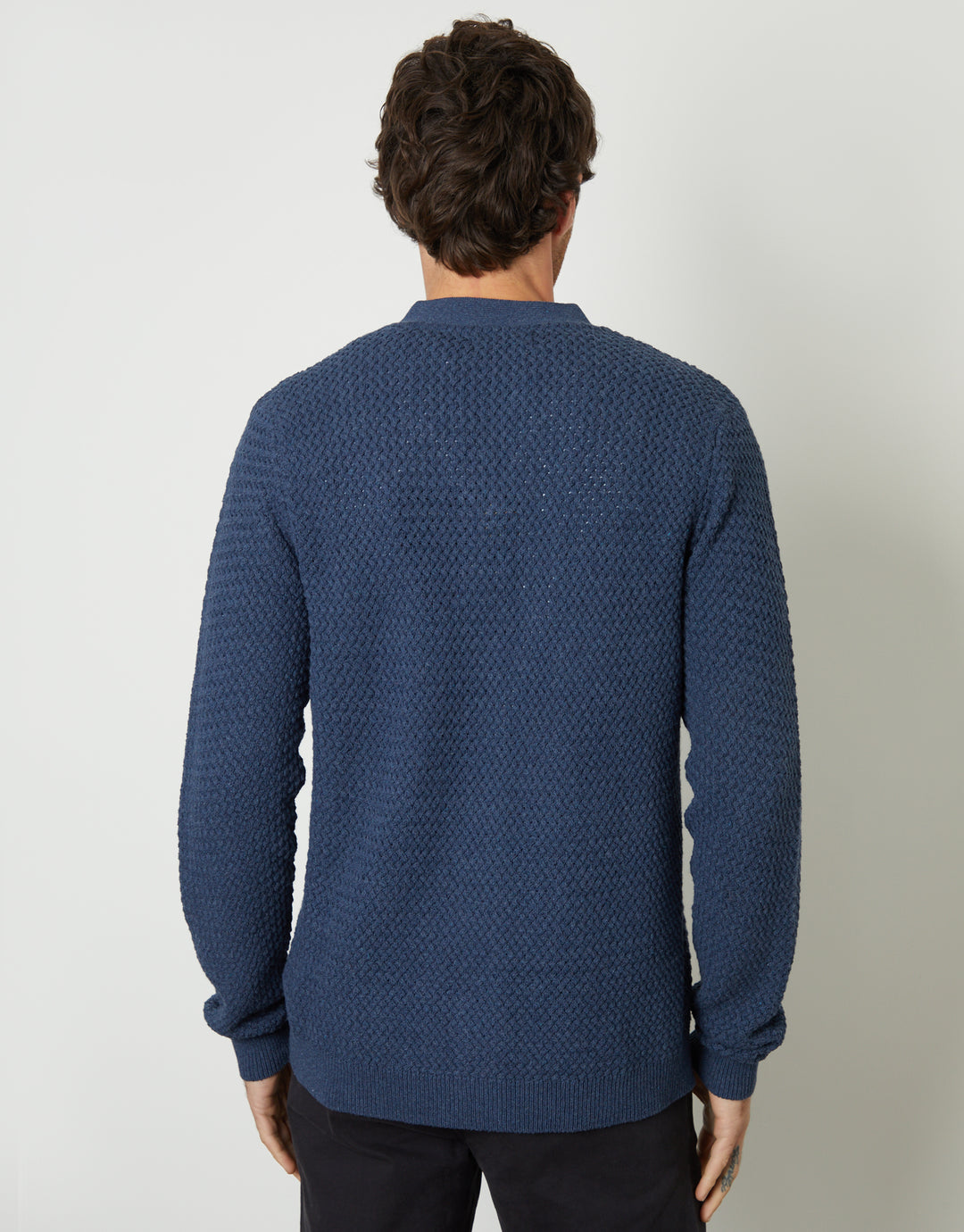Threadbare Basket Stitch Cardigan in Denim Blue - back view