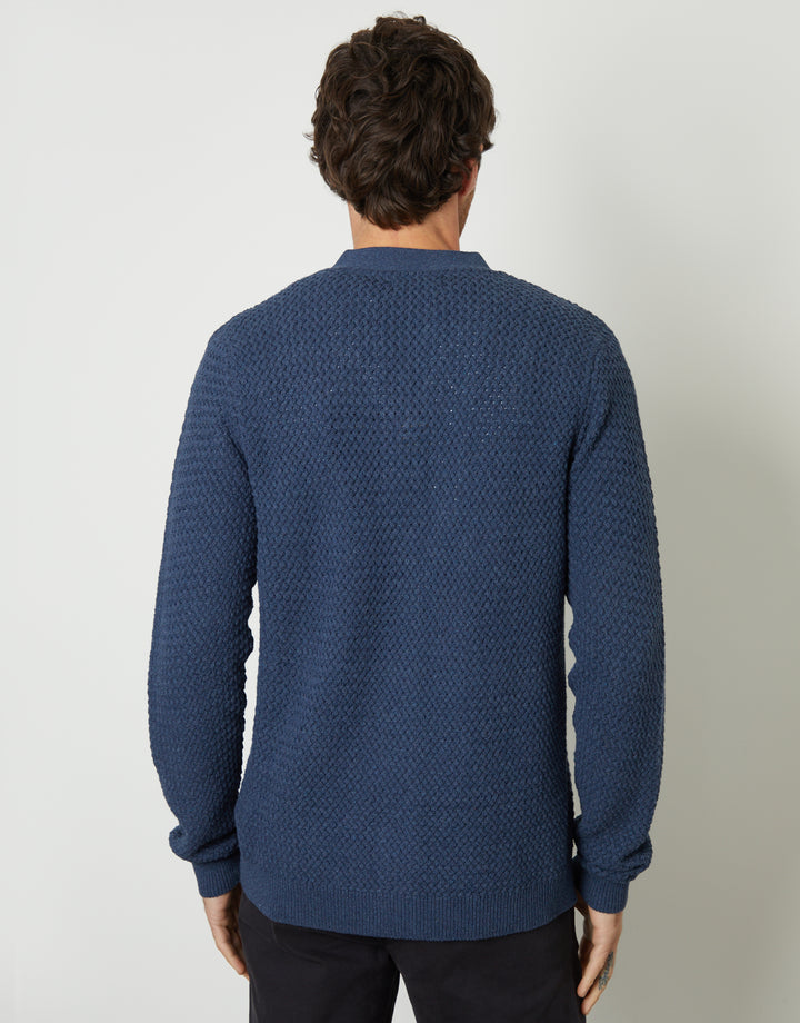 Threadbare Basket Stitch Cardigan in Denim Blue - back view