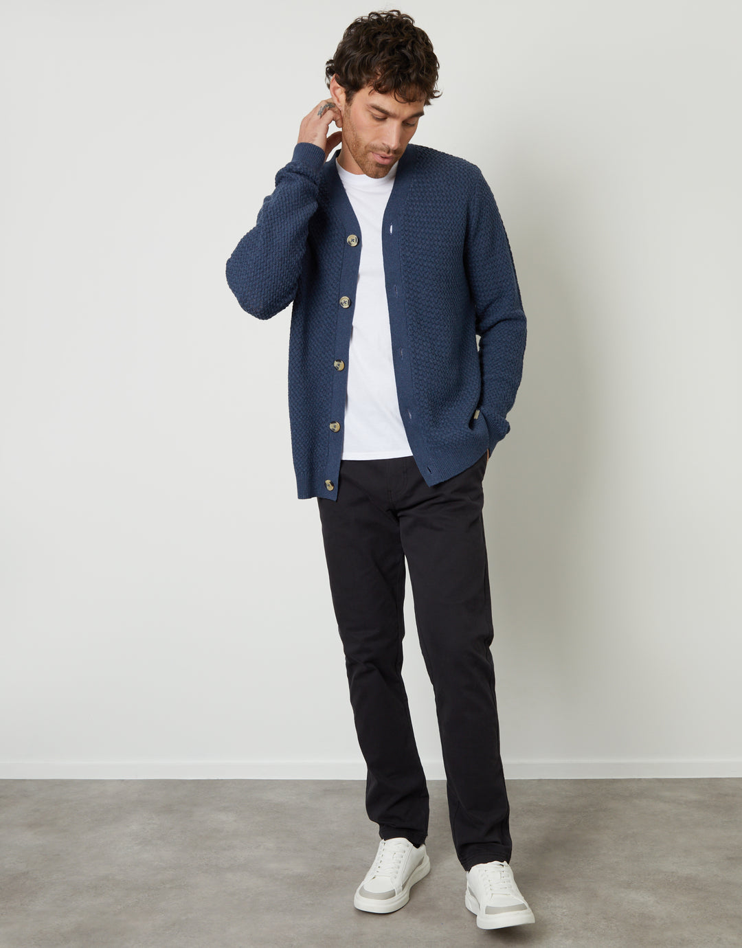Threadbare Basket Stitch Cardigan in Denim Blue - full body