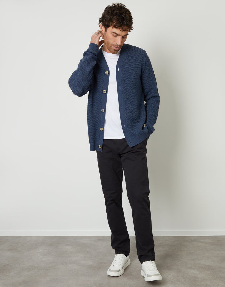 Threadbare Basket Stitch Cardigan in Denim Blue - full body