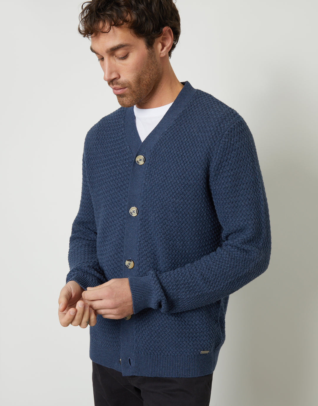 Threadbare Basket Stitch Cardigan in Denim Blue - front view