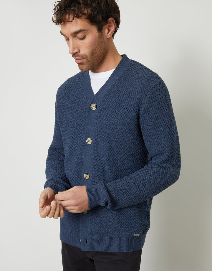 Threadbare Basket Stitch Cardigan in Denim Blue - front view