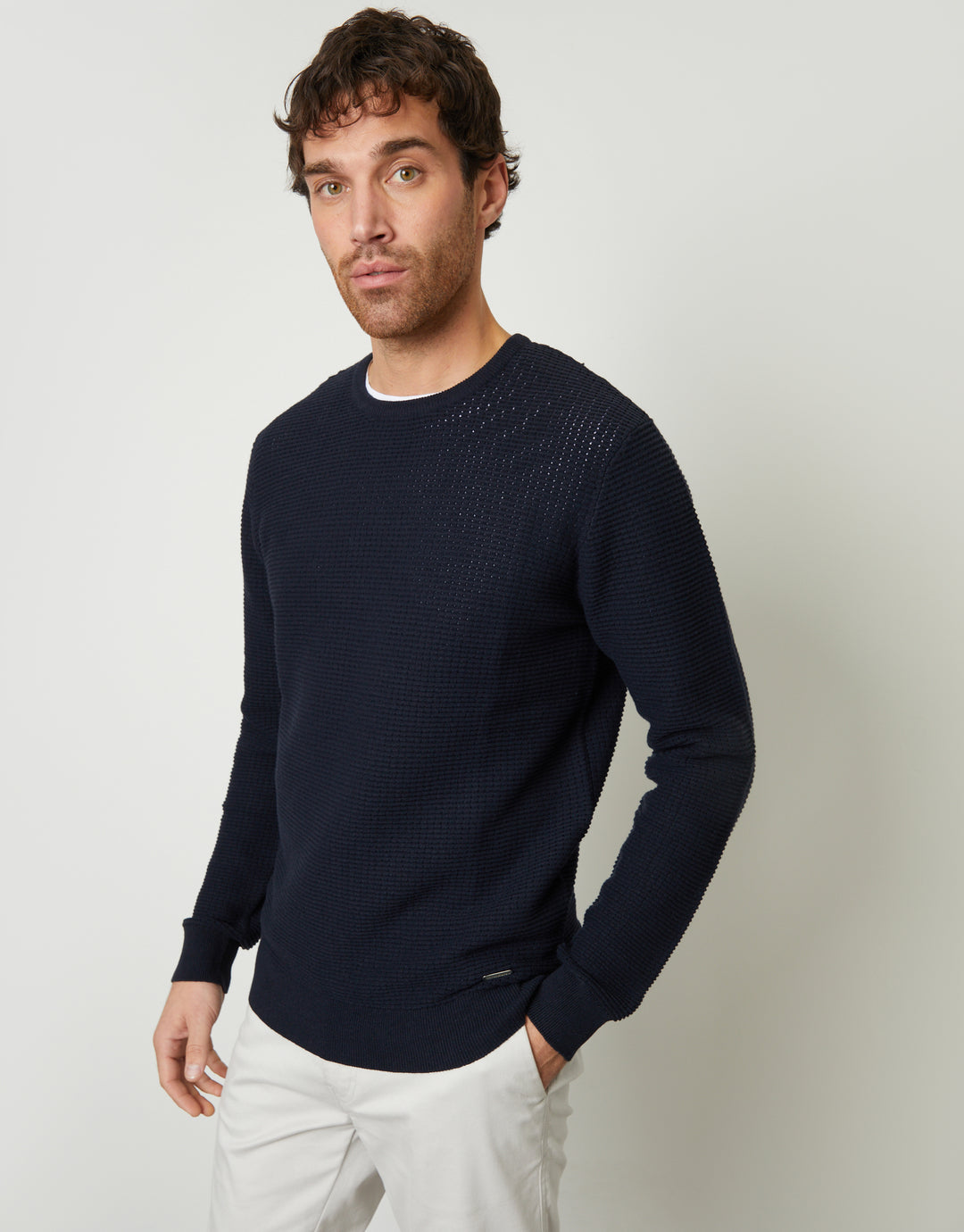 Navy Crochet Knit Crew Neck Jumper