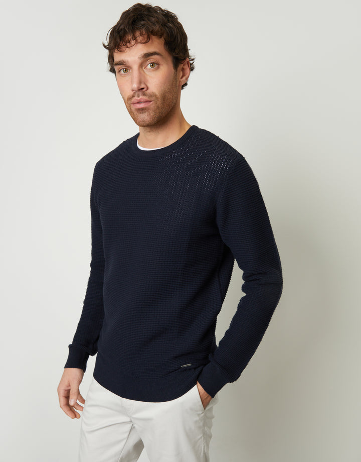 Navy Crochet Knit Crew Neck Jumper