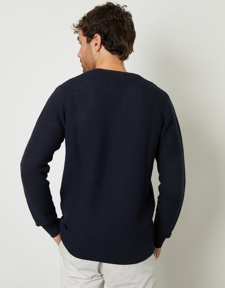 Navy Crochet Knit Crew Neck Jumper