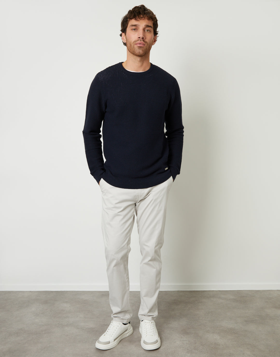 Navy Crochet Knit Crew Neck Jumper