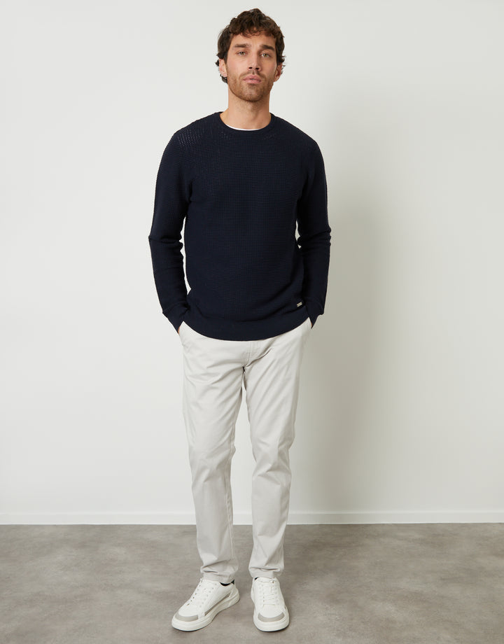 Navy Crochet Knit Crew Neck Jumper