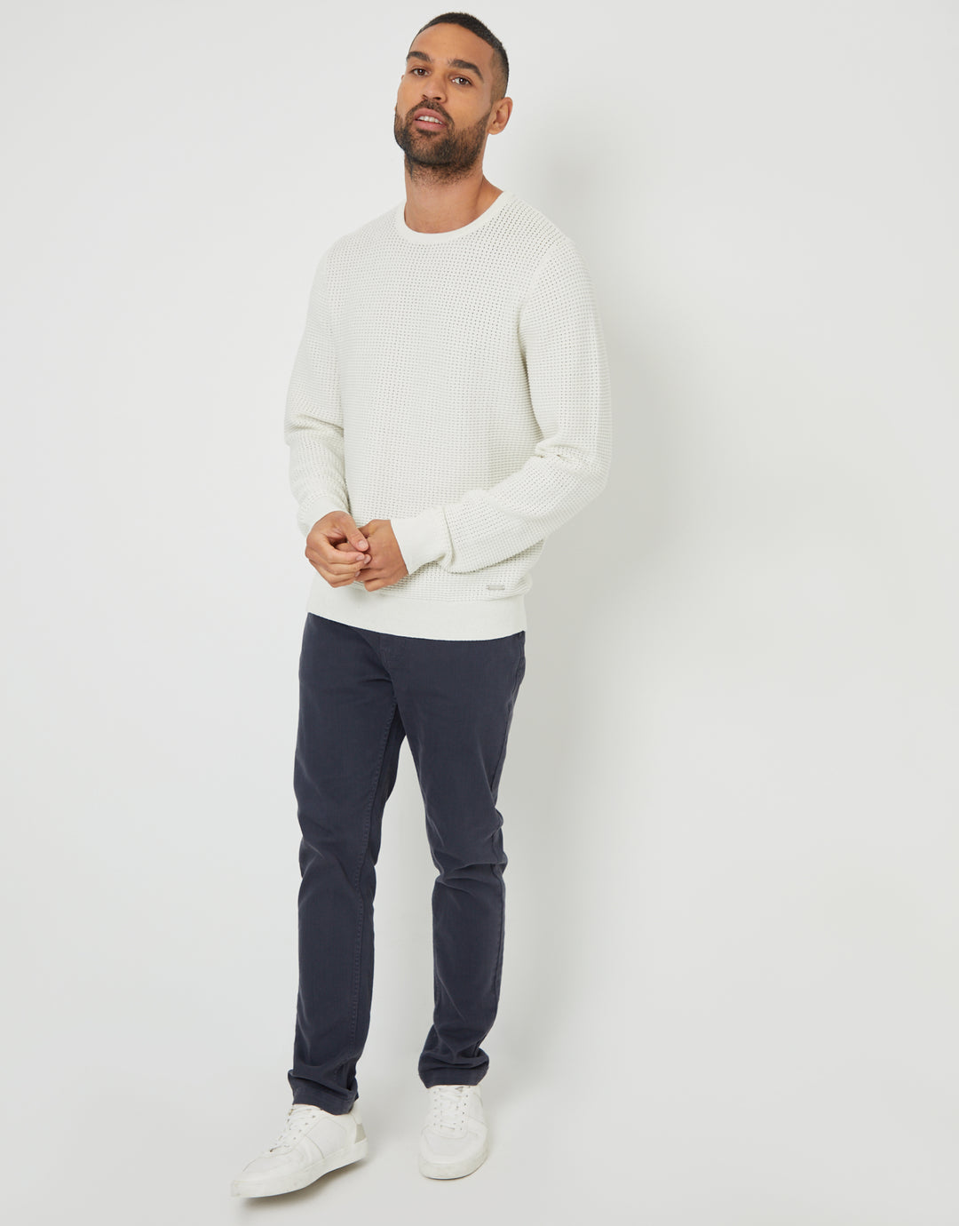 Ecru Crochet Knit Crew Neck Jumper