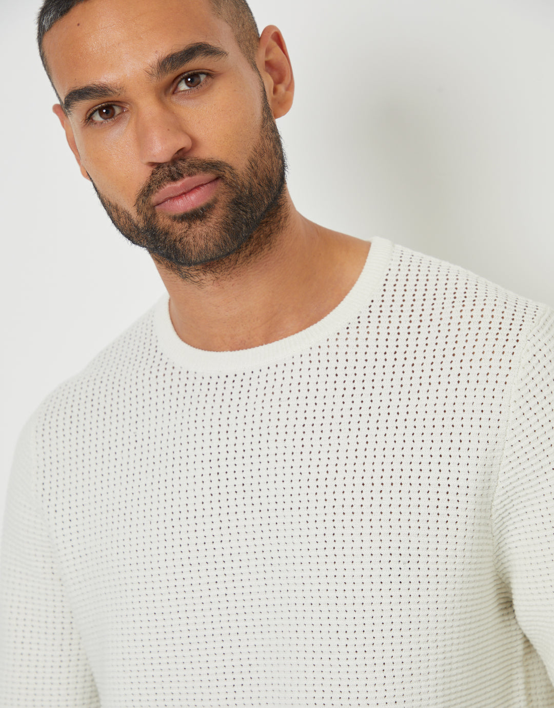 Ecru Crochet Knit Crew Neck Jumper