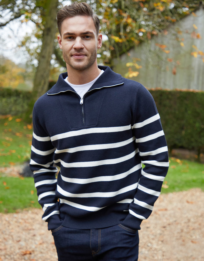 Threadbare Men's Navy Striped Knitted Quarter Zip Jumper