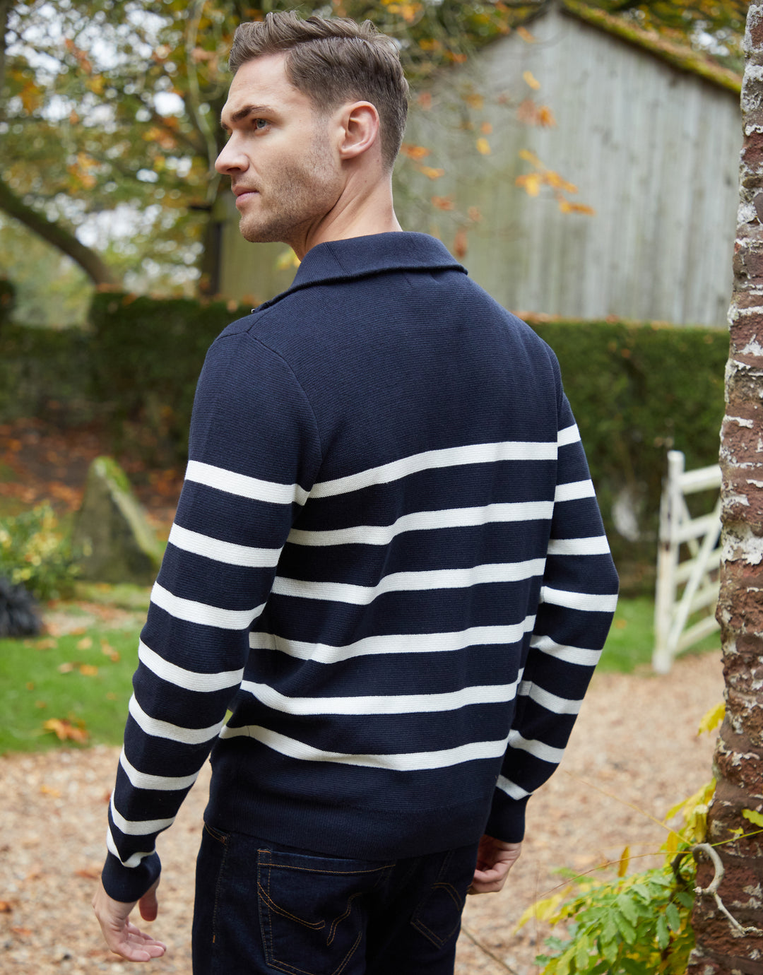 Navy Striped Knitted Quarter Zip Jumper