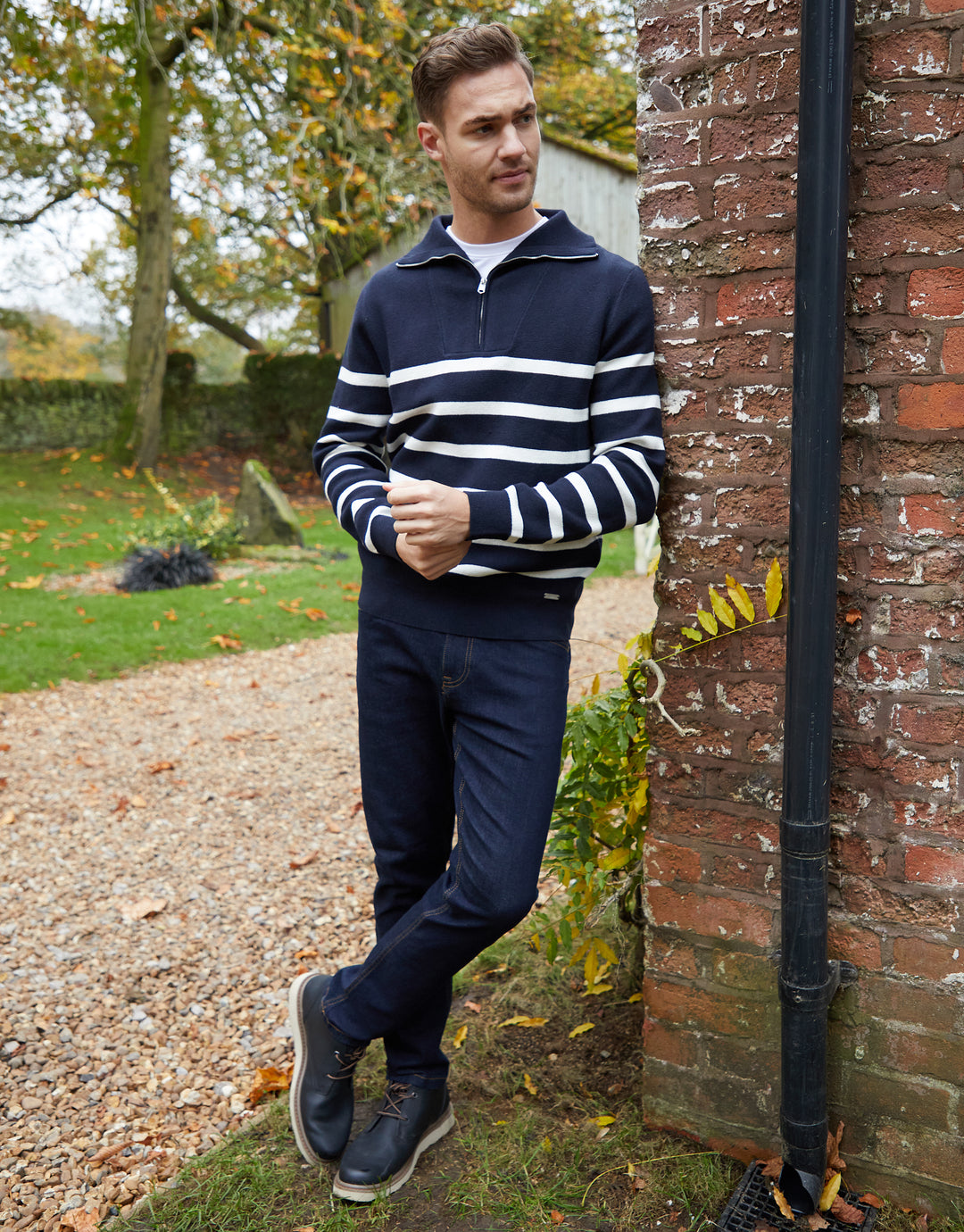 Navy Striped Knitted Quarter Zip Jumper