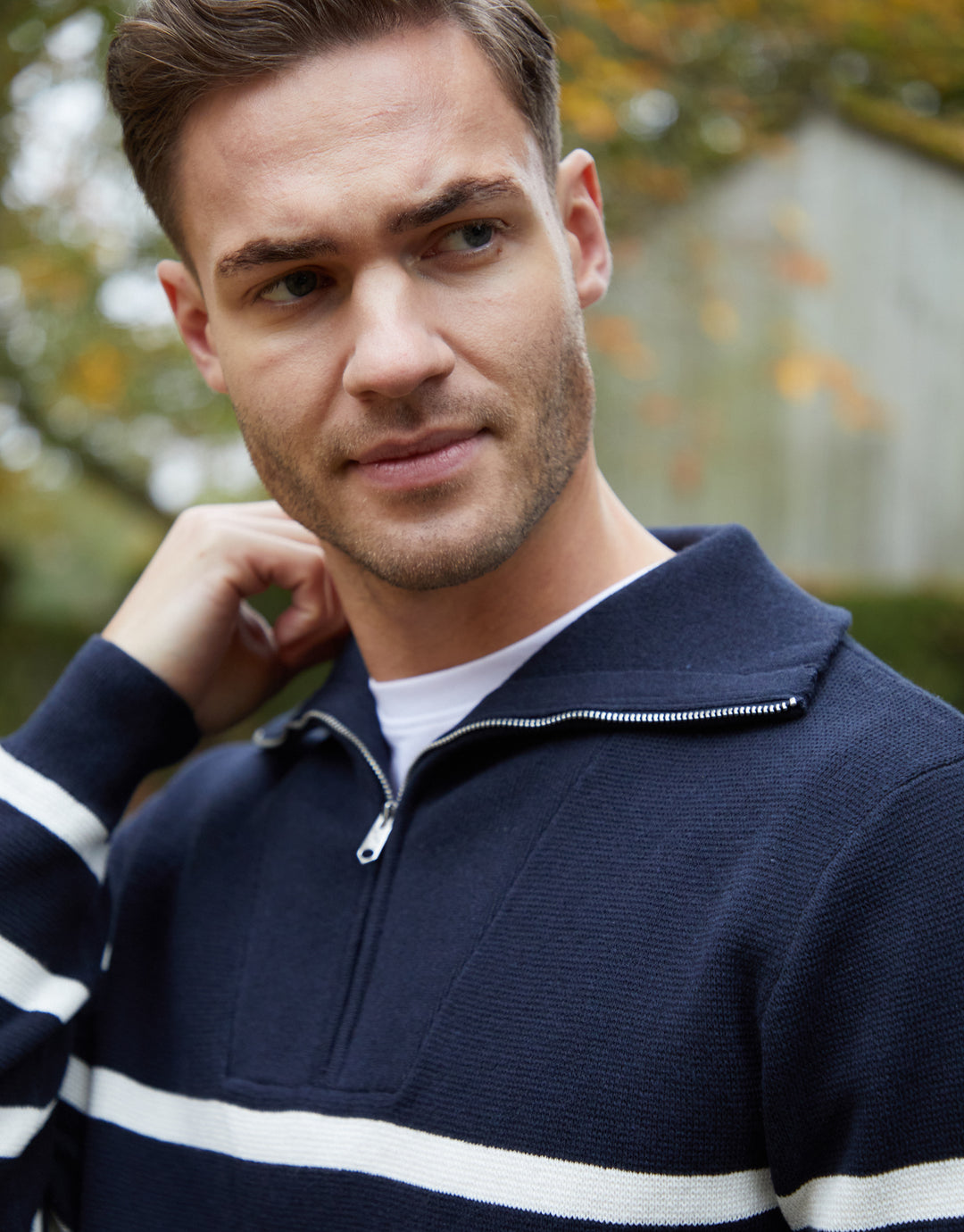 Navy Striped Knitted Quarter Zip Jumper