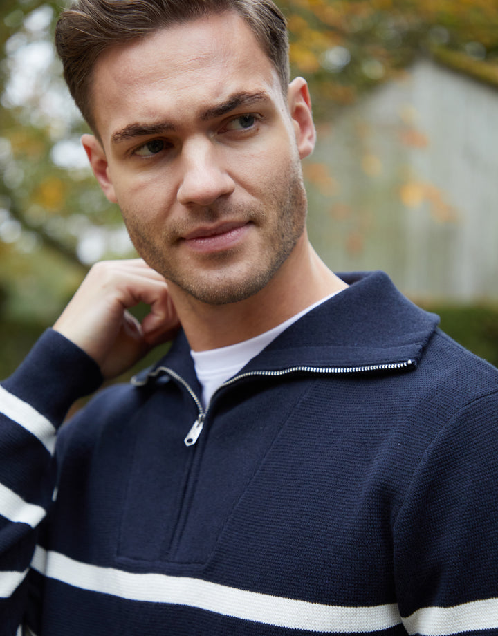 Navy Striped Knitted Quarter Zip Jumper