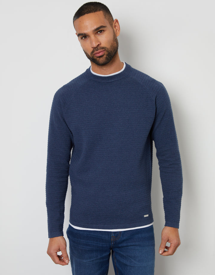 Denim Blue Textured Raglan Mock T-Shirt Crew Neck Jumper