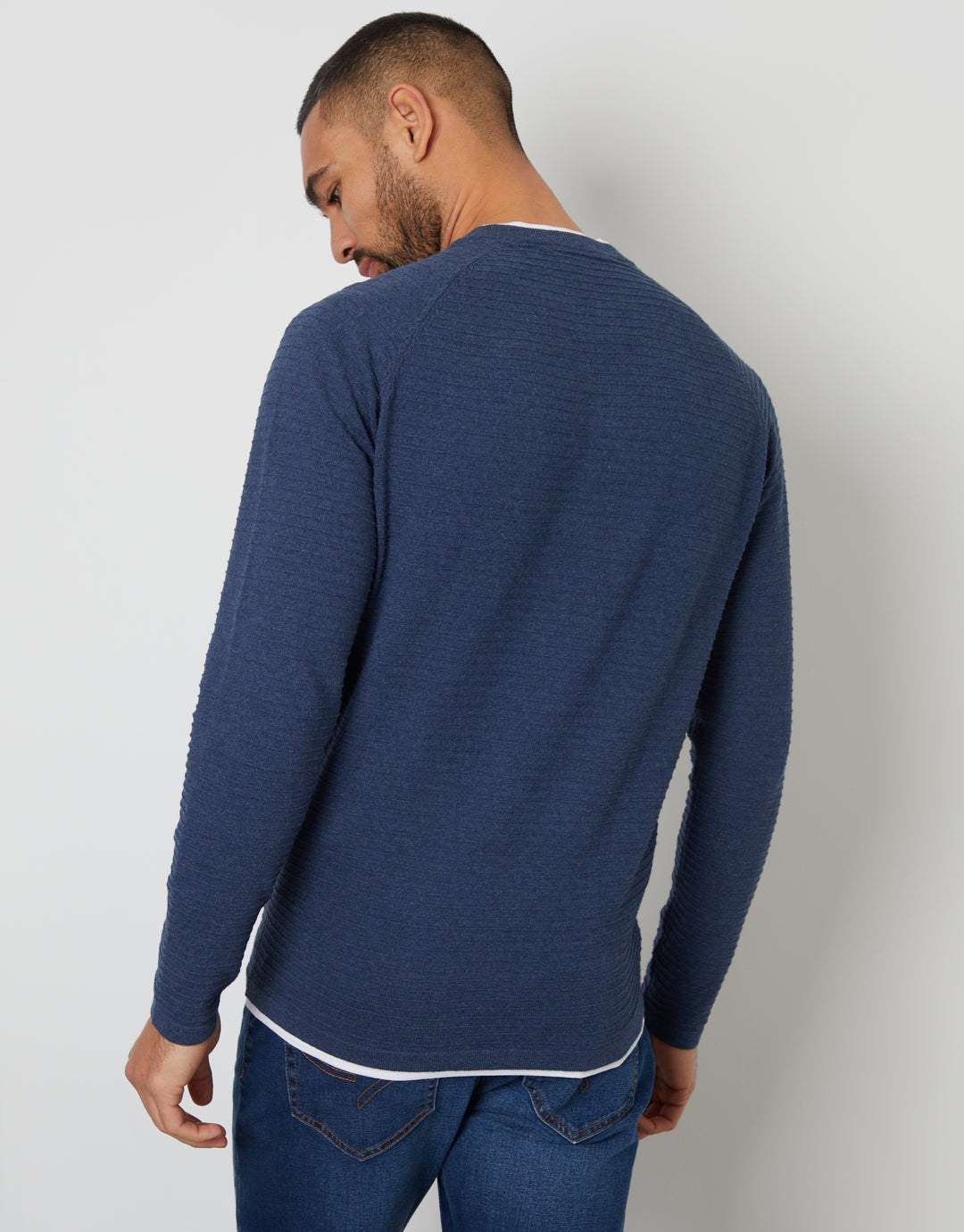 Denim Blue Textured Raglan Mock T-Shirt Crew Neck Jumper