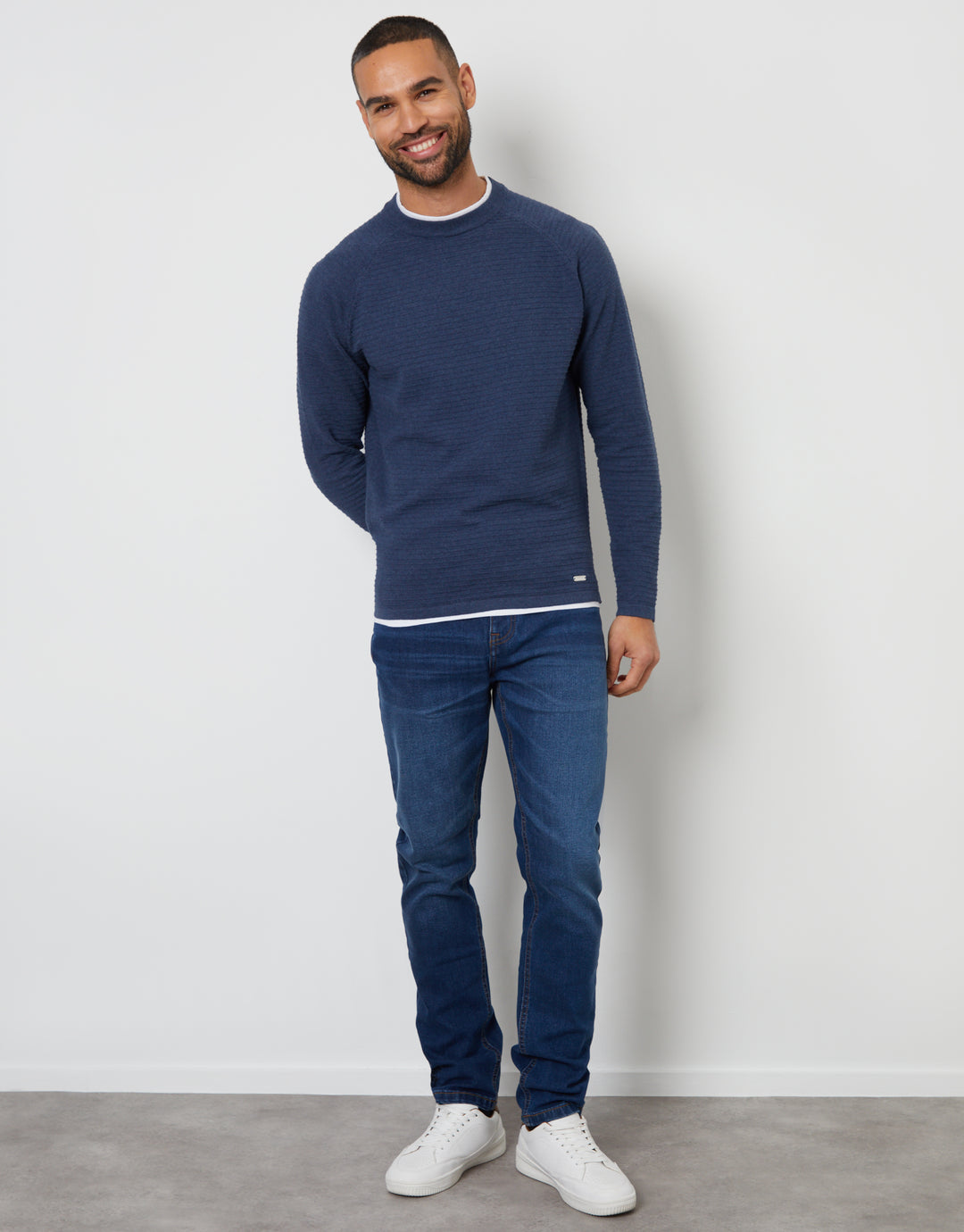 Denim Blue Textured Raglan Mock T-Shirt Crew Neck Jumper