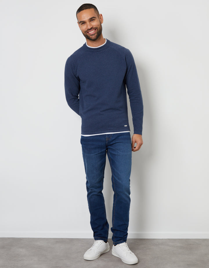 Denim Blue Textured Raglan Mock T-Shirt Crew Neck Jumper