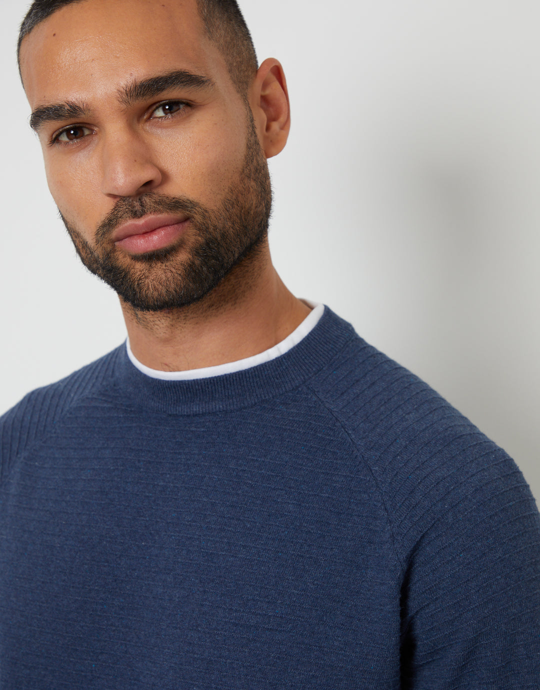 Denim Blue Textured Raglan Mock T-Shirt Crew Neck Jumper