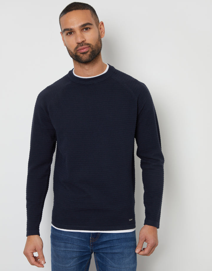 Navy Textured Raglan Mock T-Shirt Crew Neck Jumper