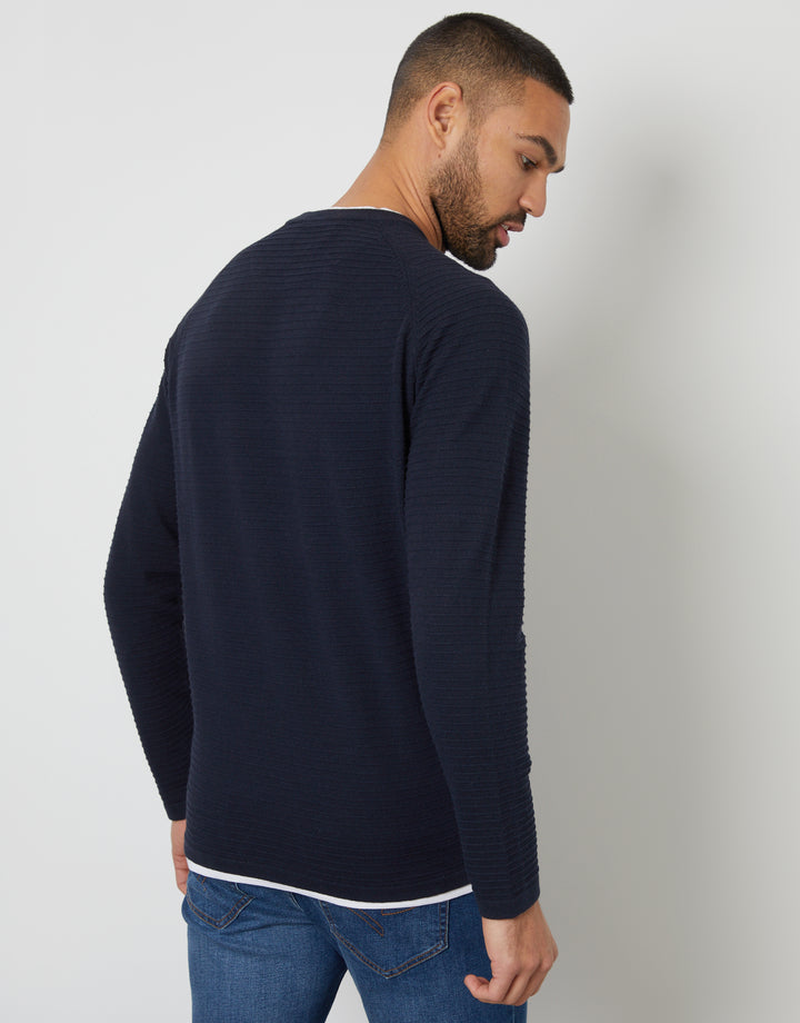 Navy Textured Raglan Mock T-Shirt Crew Neck Jumper