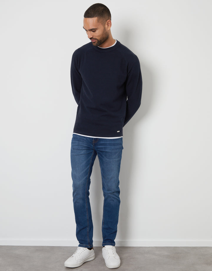 Navy Textured Raglan Mock T-Shirt Crew Neck Jumper