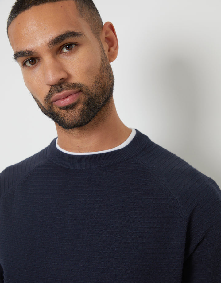 Navy Textured Raglan Mock T-Shirt Crew Neck Jumper
