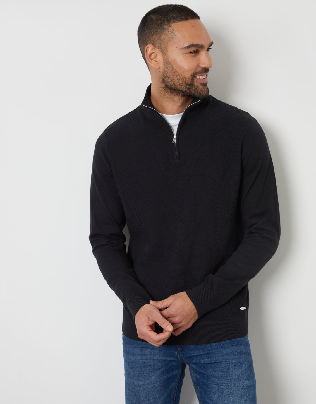 Black Basket Stitch Mock T-Shirt Quarter Zip Jumper
