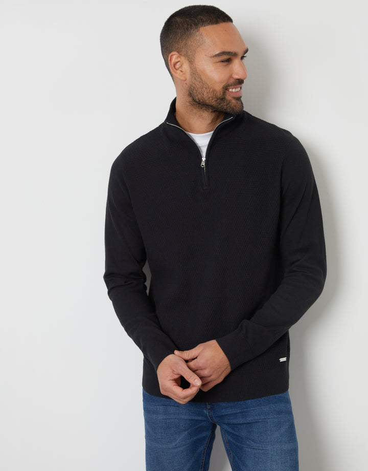 Black Basket Stitch Mock T-Shirt Quarter Zip Jumper