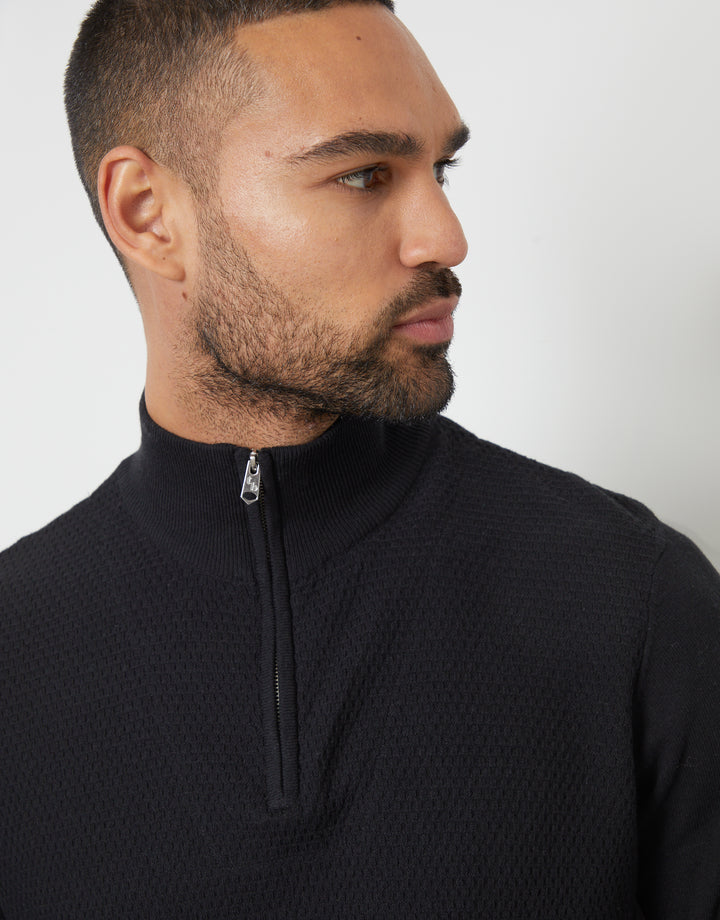 Black Basket Stitch Mock T-Shirt Quarter Zip Jumper