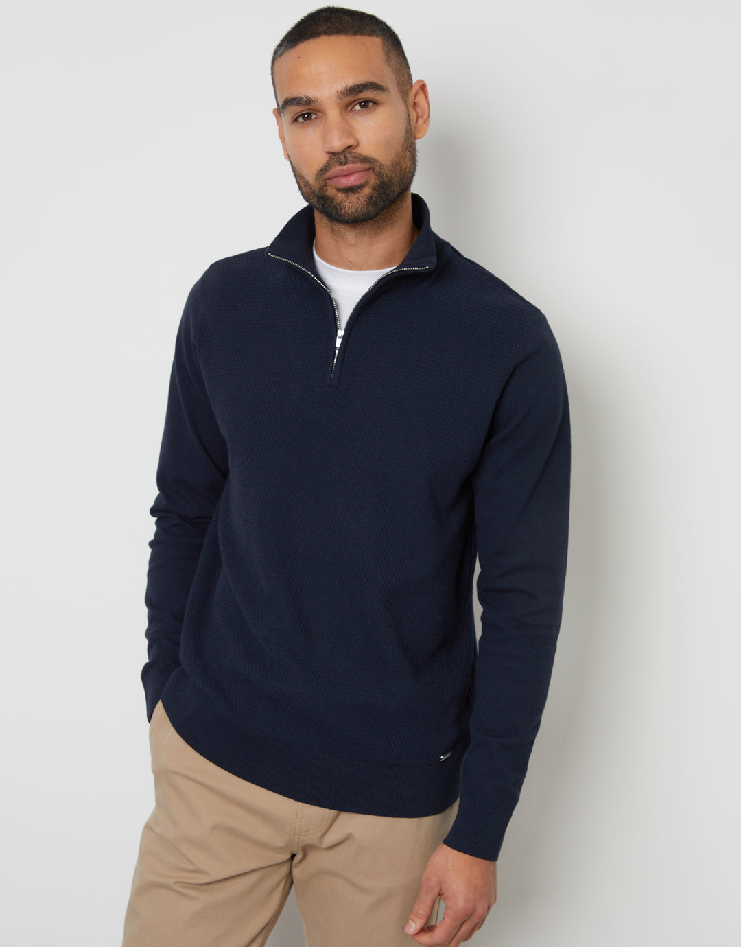 Navy Basket Stitch Mock T-Shirt Quarter Zip Jumper