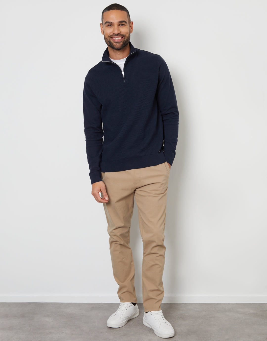 Navy Basket Stitch Mock T-Shirt Quarter Zip Jumper