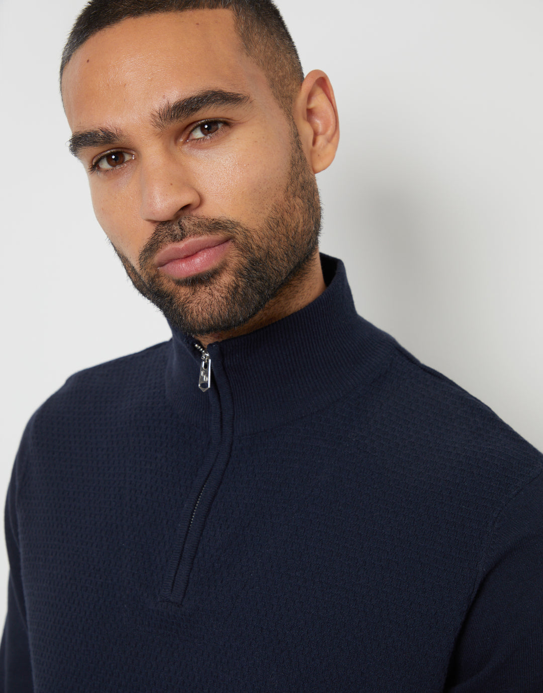 Navy Basket Stitch Mock T-Shirt Quarter Zip Jumper